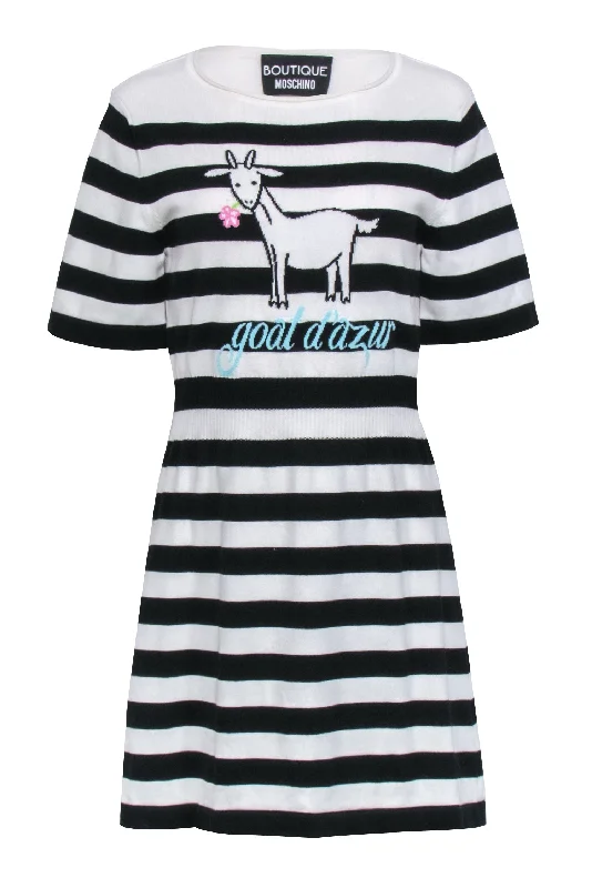 Boutique Moschino - Black & White Stripe Intarsia-Knit Goat Motif Dress Sz 8 Polka dot unclassified dresses