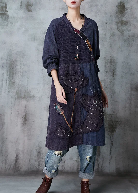 Boutique Navy Embroidered Patchwork Cotton Robe Dresses Spring Off-shoulder unclassified dresses