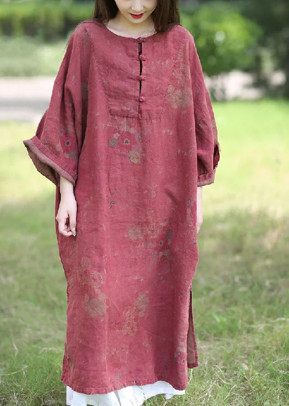 Boutique Red O-Neck Oversized Print Linen Dress Spring Casual unclassified dresses