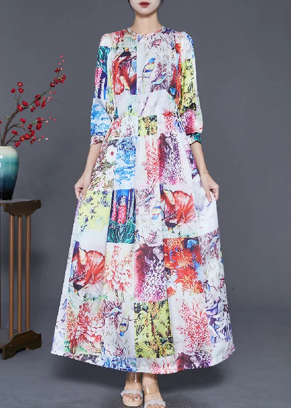 Boutique White Cinched Print Silk Holiday Dress Spring Budget-friendly unclassified dresses