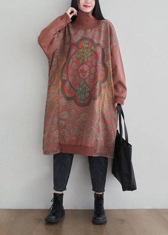 Brick Red Print Patchwork Cotton Dresses Hign Neck Spring Bold pattern unclassified dresses