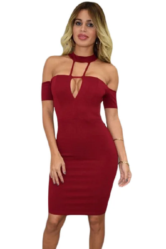 Burgundy Drop Shoulder Choker Nightclub Dress Casual chic unclassified dresses