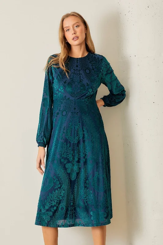 Burnout Velvet Print Dress Green Elegant unclassified dresses