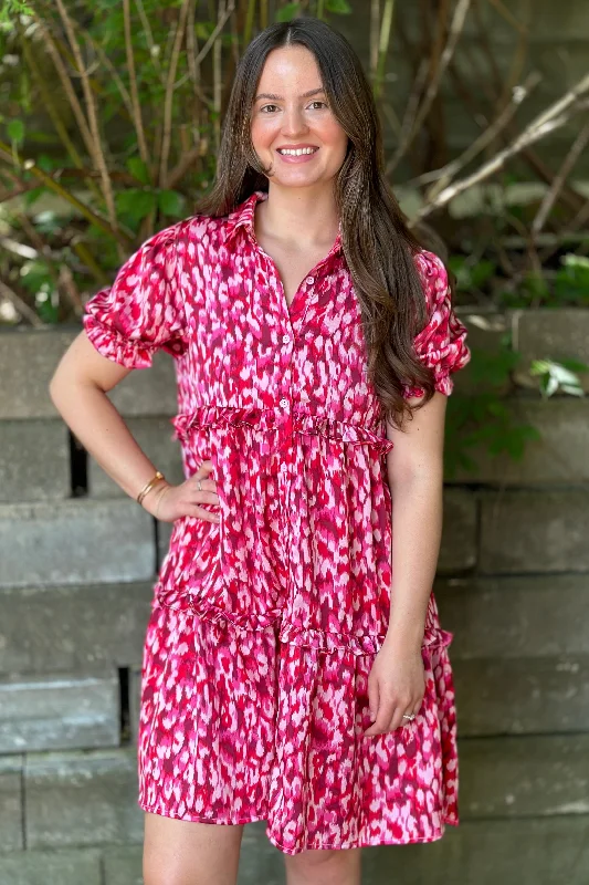 Button Down Tiered Dress Pink Embroidered unclassified dresses