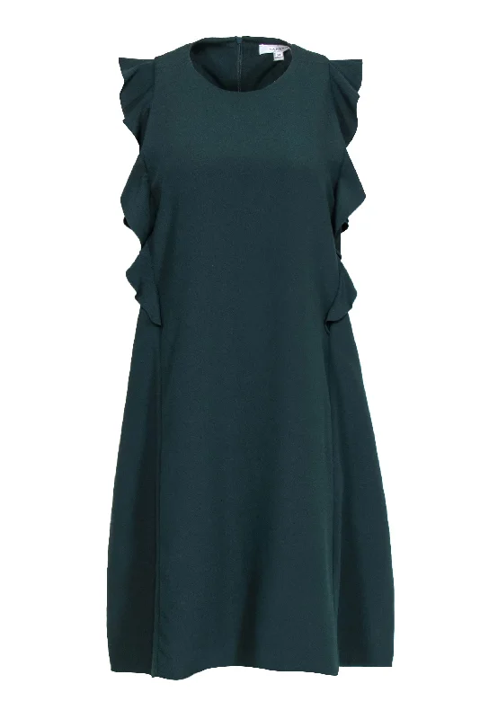 Carven - Hunter Green Cap Sleeve Shift Dress w/ Ruffle Detail Sz 2 Color block unclassified dresses