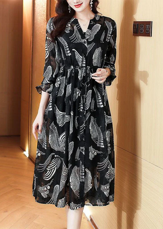 Casual Black V Neck Tie Waist Print Chiffon Holiday Dress Spring Elegant evening unclassified dresses