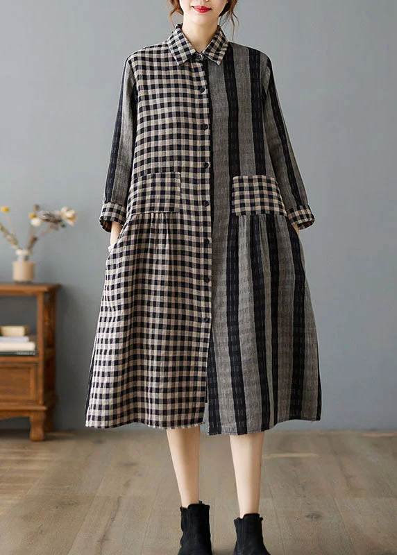 Casual Khaki Peter Pan Collar Plaid Cotton Dresses Spring Lightweight unclassified dresses