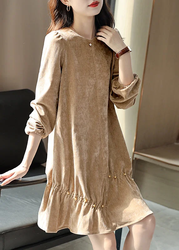 Casual Khaki Wrinkled Nail Bead Velour Mid Dresses Spring Open-back unclassified dresses