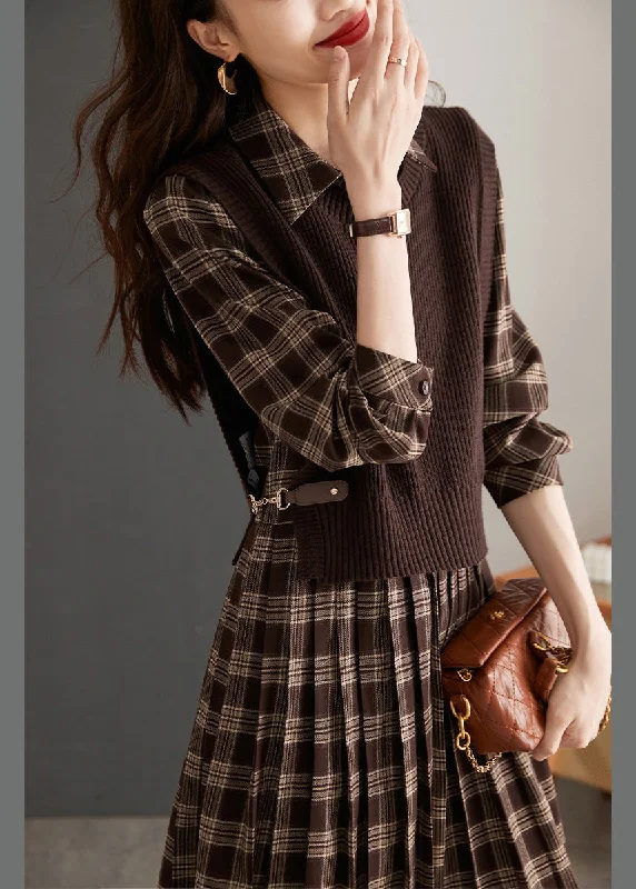 Casual Peter Pan Collar Plaid Knit Waistcoat And Mid DressTwo Pieces Set Spring Cotton unclassified dresses