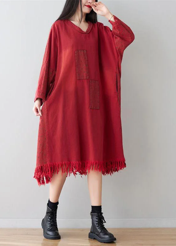 Casual Red V Neck Tassel Cotton Loose Dress Spring Monochrome unclassified dresses