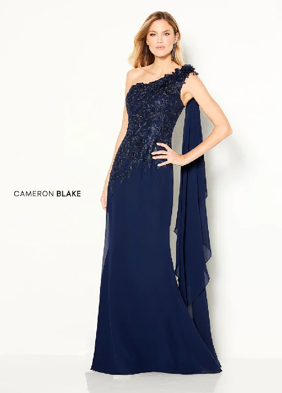 Cameron Blake 219687 Navy Beaded One Shoulder Fitted Chiffon Gown - Size 12 Backless unclassified dresses