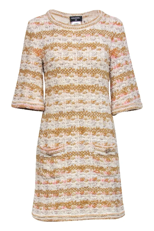 Chanel - Ivory, Tan, & Pink Tweed Knit Dress Sz 4 Holiday unclassified dresses