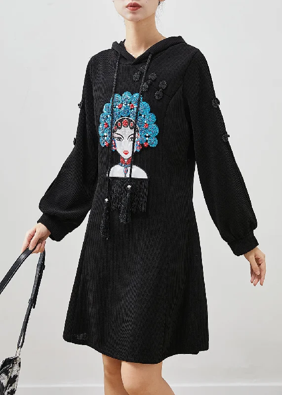 Chic Black Embroidered Chinese Button Corduroy Dress Spring Chic unclassified dresses