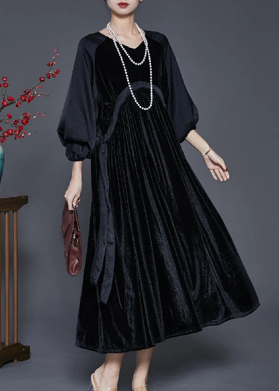 Chic Black Oversized Patchwork Drawstring Silk Velvet Dress Spring Open-back unclassified dresses