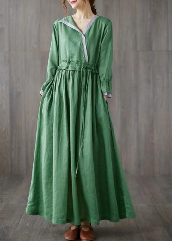 Chic Green Asymmetrical Design Tie Waist Cotton Holiday Dress Spring One-shoulder unclassified dresses