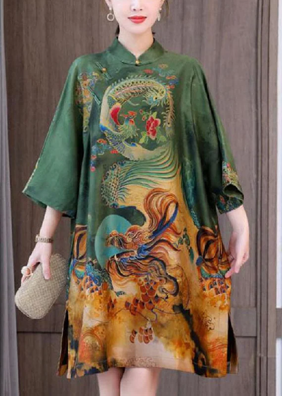 Chic Green Print Chinese Style Silk A Line Dresses Spring Graduation unclassified dresses