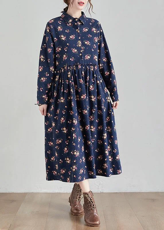 Chic Lapel Cinched Spring Tunics Shape Navy Print Traveling Dress Travel unclassified dresses