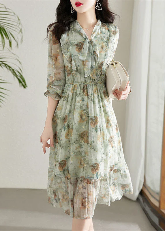 Chic Light Green Cinched Patchwork Print Chiffon Dress Spring Preppy unclassified dresses