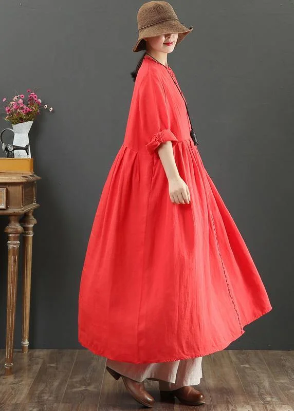 Chic Red cotton Outfit O Neck Cinched Robes Spring Dress Comfortable unclassified dresses