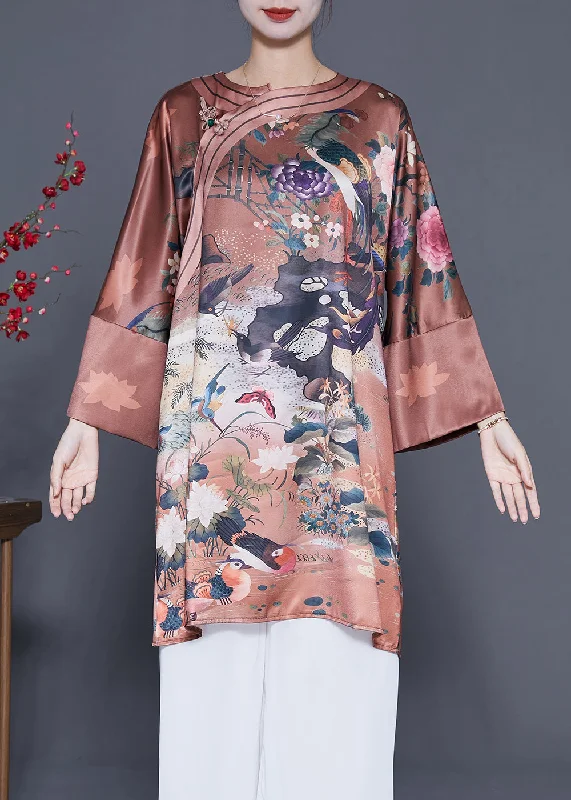 Chinese Style Coffee Chinese Button Print Silk Dress Spring Party unclassified dresses