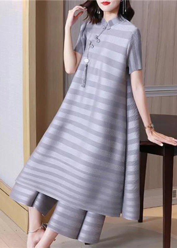 Chinese Style Grey Striped Wrinkled Tassel Dress And Pant Two Pieces Set Spring High-end unclassified dresses