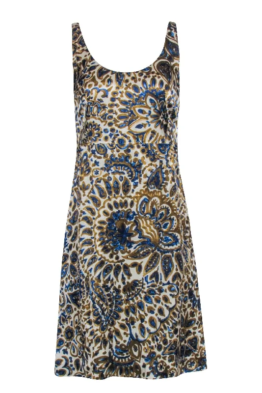 Chloe - Cream, Gold, & Blue Print Sleeveless Dress Sz 6 Denim unclassified dresses