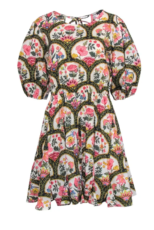 Christian LaCroix - Black w/ Cream & Pink Print Crop Sleeve Dress Sz L Stylish unclassified dresses