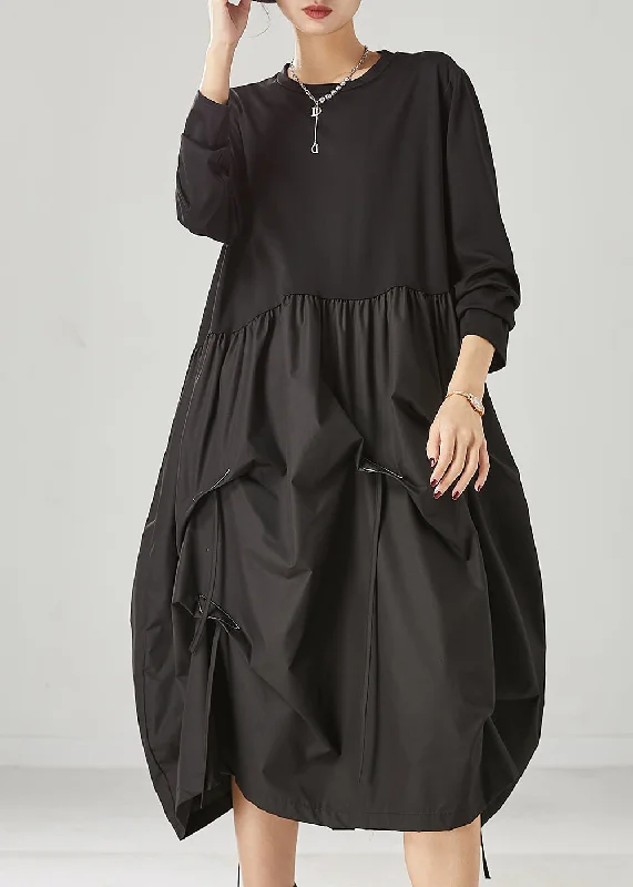 Classy Black Asymmetrical Patchwork Wrinkled Cotton Robe Dresses Spring Office unclassified dresses