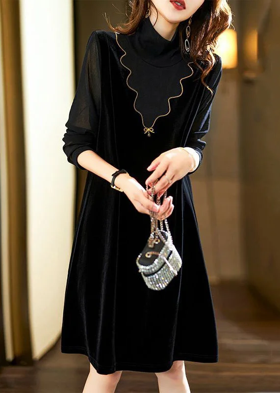 Classy Black Nail Bead Patchwork False Two Pieces Silk Velour Dress Spring Cocktail unclassified dresses