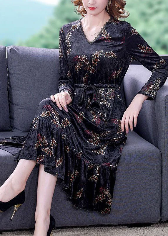 Classy Black V Neck Patchwork Ruffles Print Silk Velour Cinched Dresses Spring Anniversary unclassified dresses