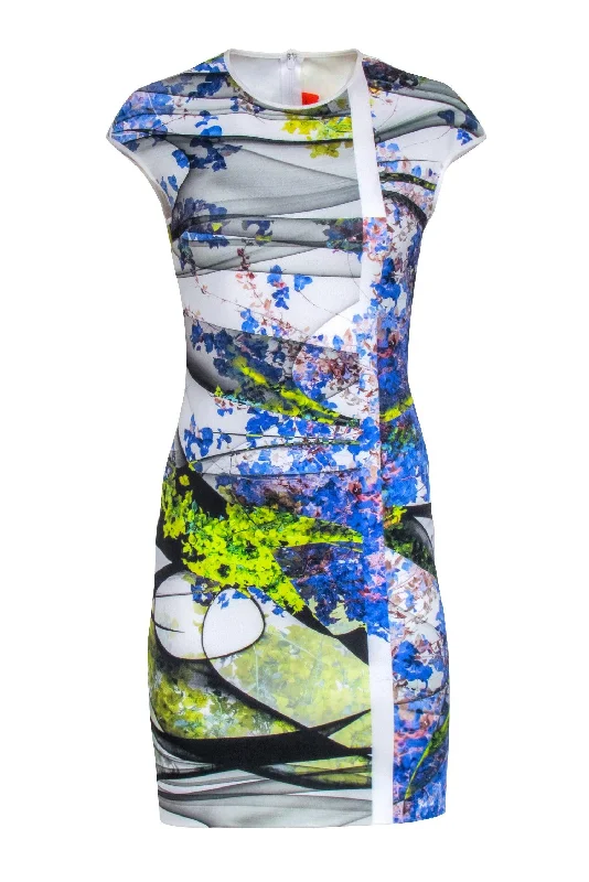 Clover Canyon - White w/ Blue & Green Print Cap Sleeve Dress Sz M Trendy unclassified dresses