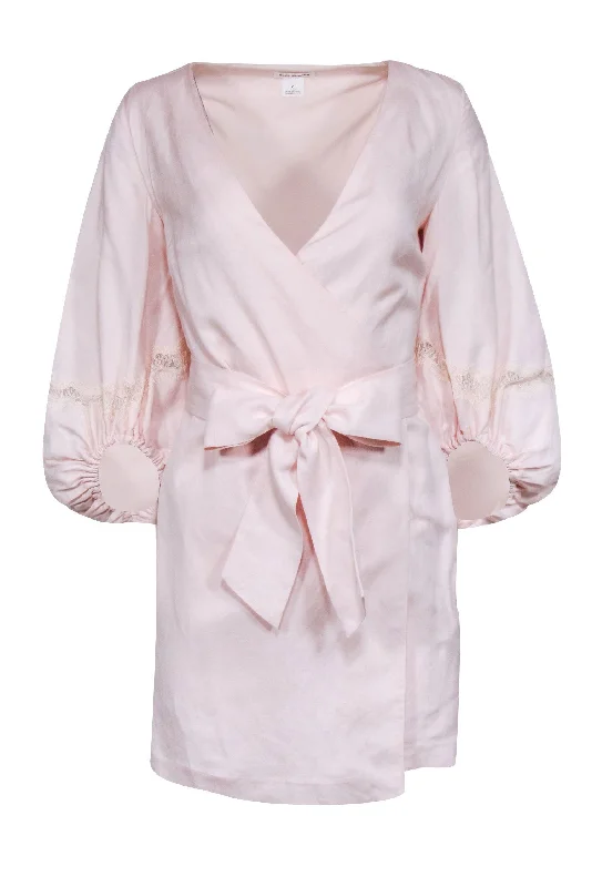 Club Monaco - Blush Pink Linen Blend Crop Sleeve Wrap Dress Sz 0 Metallic unclassified dresses