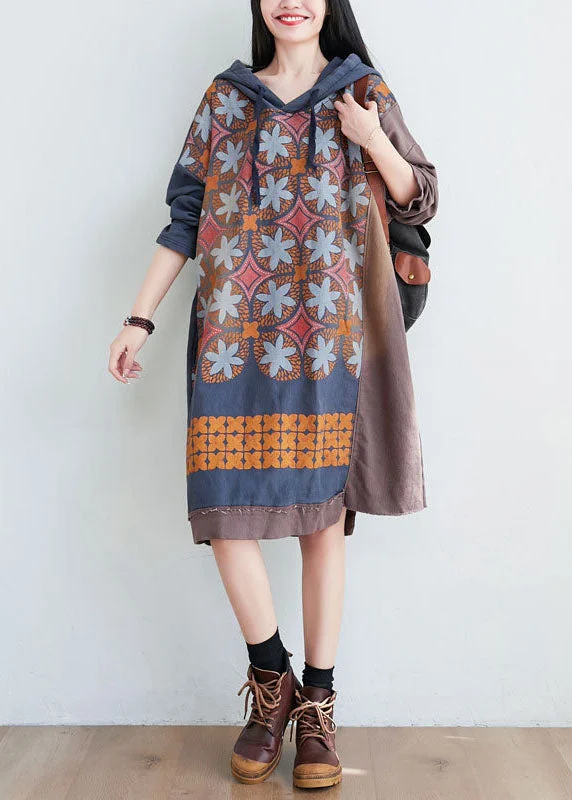 Coffee Print Patchwork Cotton Dress Hooded Spring Stretchy unclassified dresses