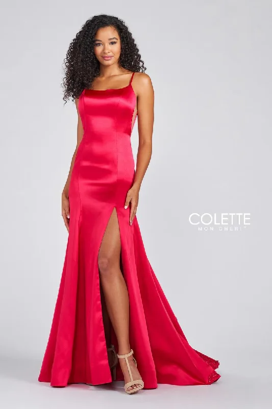 Colette 12274 Lipstick Pink Satin Sheath Dress with Slit and Embellished Train - Size 8 Everyday wear unclassified dresses