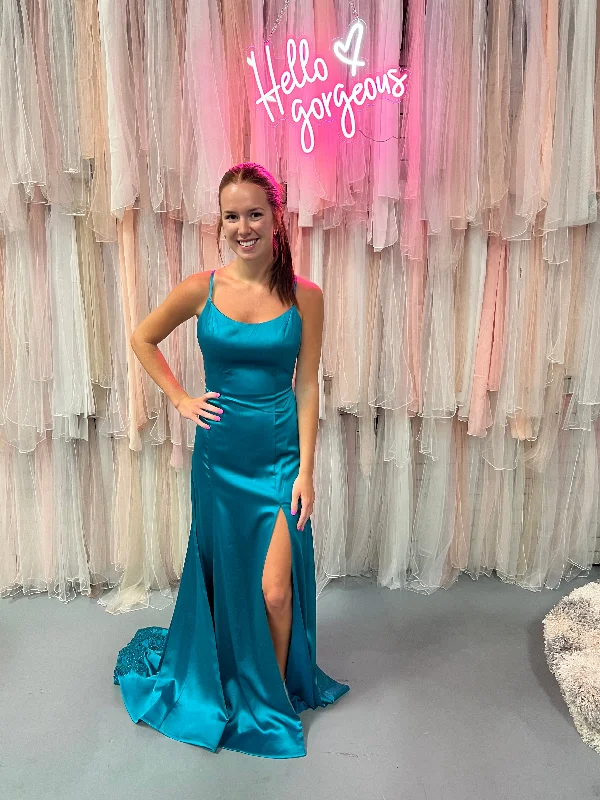 Colette 12274 Turquoise Satin Sheath Dress with Slit and Embellished Train - Size 8 Popular unclassified dresses