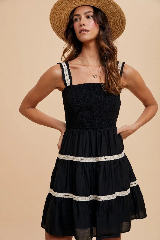 Crochet Trim Ruffle Dress Black Halter unclassified dresses