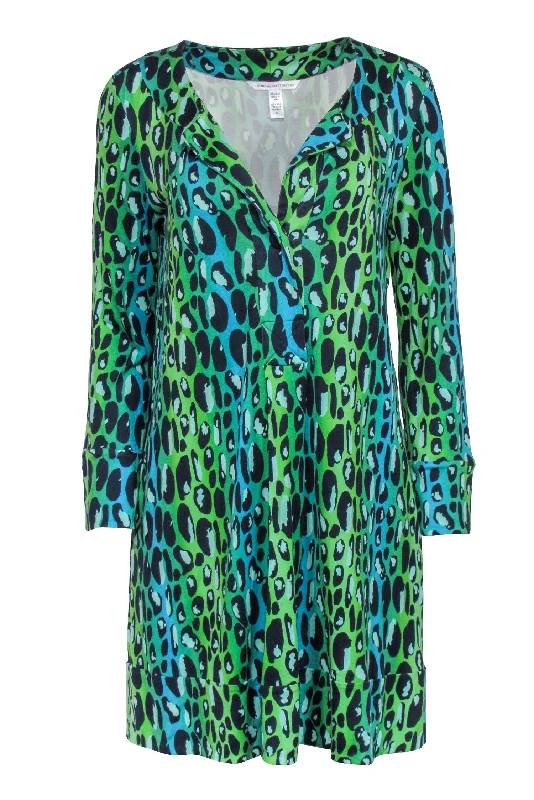 Diane von Furstenberg - Green & Blue Ombre Leopard Print Dress Sz 12 Best-selling unclassified dresses