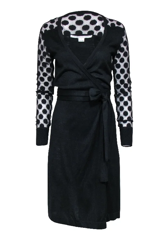 Diane von Furstenberg - Black Wrap Dress w/ Semi Sheer Polka Dot Sleeves Sz S Affordable unclassified dresses