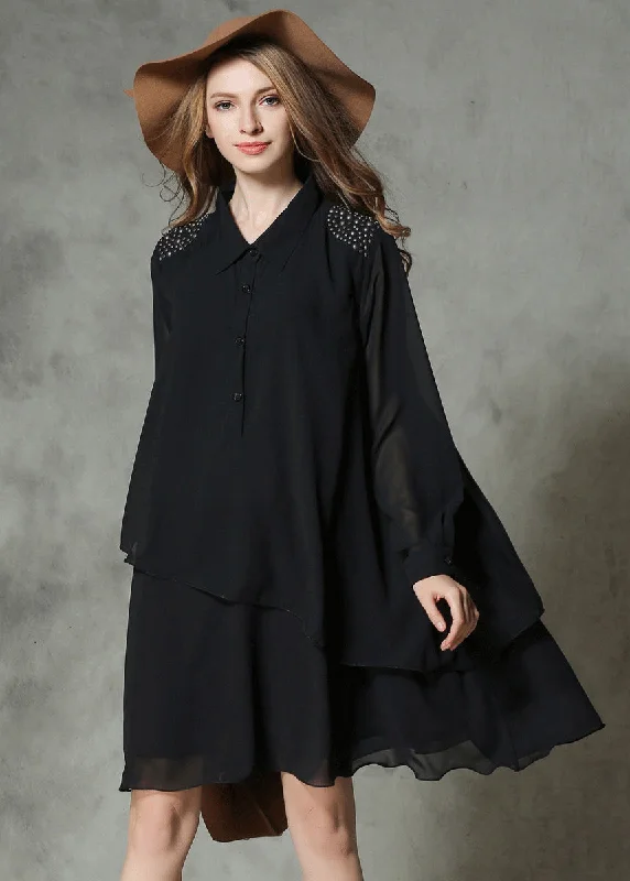 DIY Black Asymmetrical Design Rivet Chiffon A Line Dresses Spring Monochrome unclassified dresses