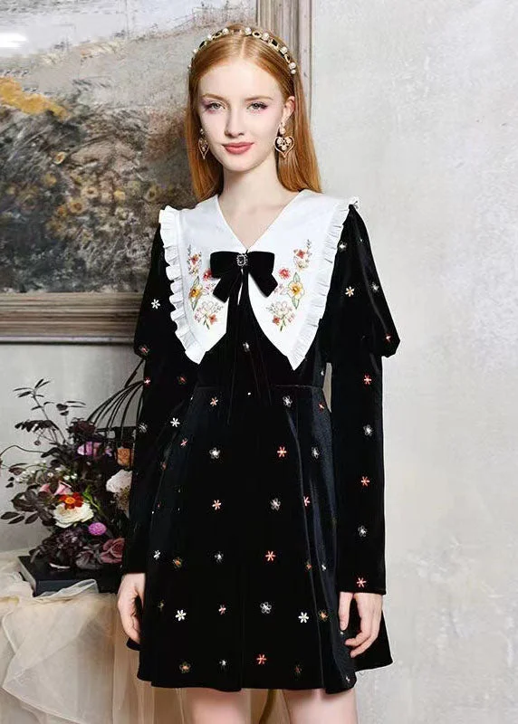 DIY Black Bow Collar Embroidered Silk Velour Dresses Spring Holiday unclassified dresses