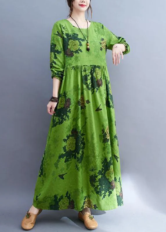 DIY Green Oversized Print Cotton Ankle Dress Spring Lounge unclassified dresses