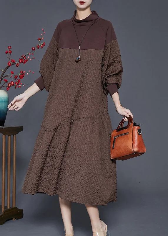 Diy Khaki Turtle Neck Patchwork Cotton Ankle Dress Spring Off-shoulder unclassified dresses