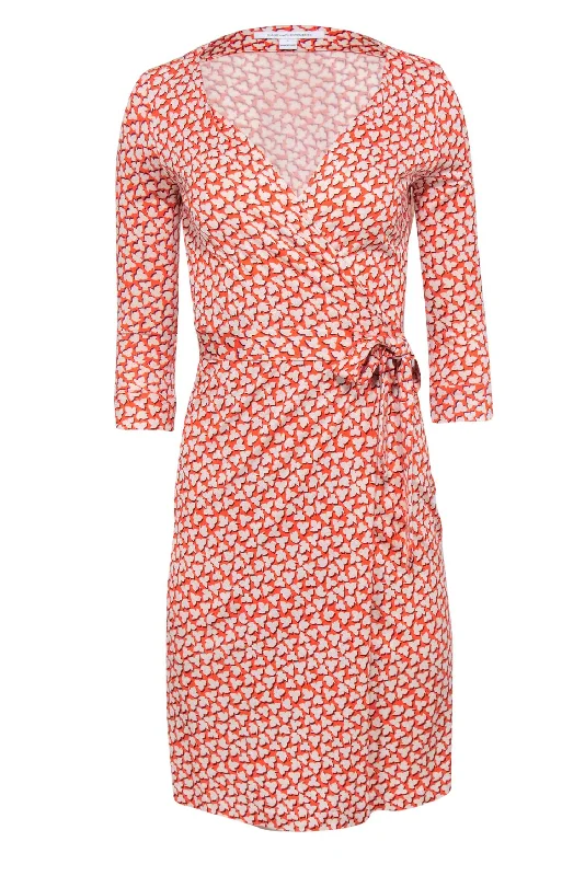 Diane von Furstenberg - Orange w/ Cream Leaf Print Wrap Dress Sz 2 Off-shoulder unclassified dresses