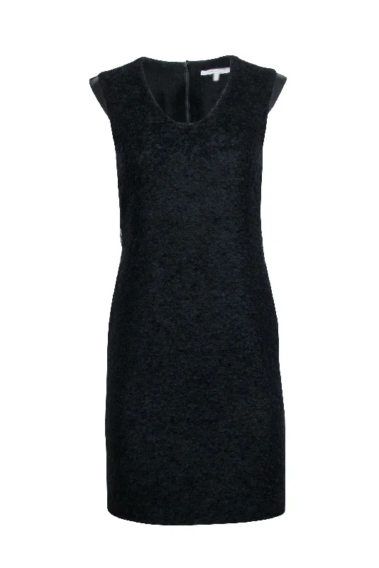 Diane von Furstenberg - Black Wool Blend Sheath Dress w/ Leather Trim Sz 4 Metallic unclassified dresses