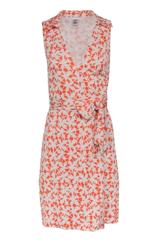 Diane von Furstenberg - Orange & Cream Print Sleeveless Wrap Dress Sz 4 Mesh unclassified dresses