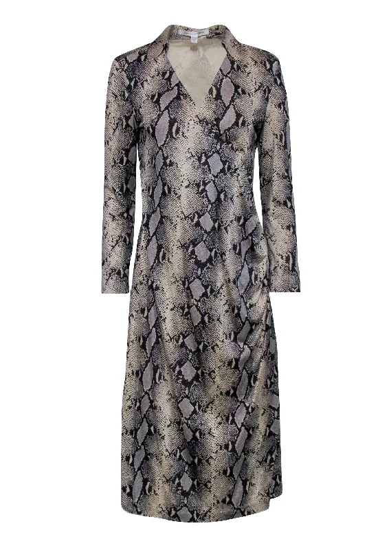 Diane von Furstenberg - Beige & Black Snakeskin Print Faux Wrap Dress Sz M Comfortable unclassified dresses