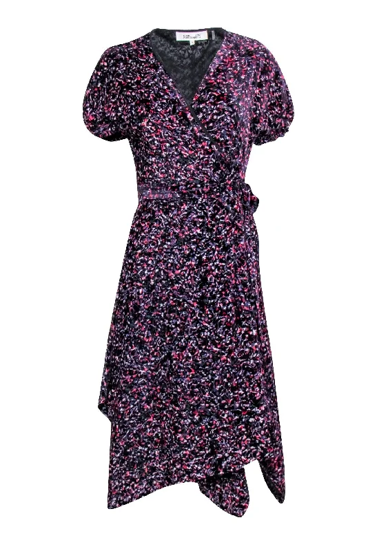 Diane von Furstenberg - Black w/ Pink & Purple Velvet Burn Out Print Dress Sz M Earthy tone unclassified dresses