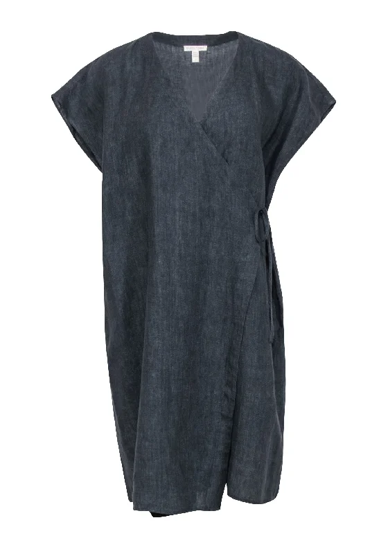 Eileen Fisher - Dark Grey Chambray Organic Linen Wrap Dress Sz S Wedding guest unclassified dresses