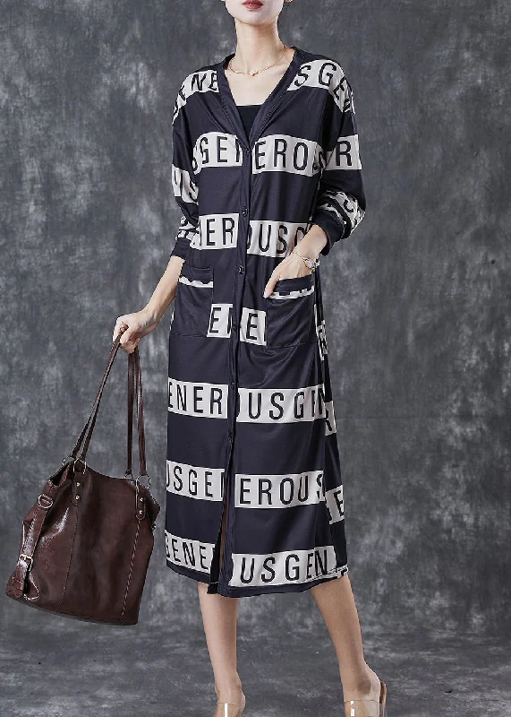 Elegant Black V Neck Letter Print Cotton Dresses Spring Luxury unclassified dresses