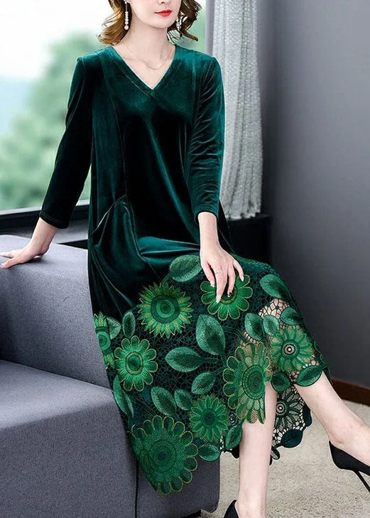 Elegant Green V Neck Embroidered Patchwork Silk Velour Dresses Spring Silk unclassified dresses